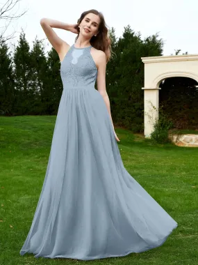 Lace Tulle Bridesmaid Gown Halter Neckline Dusty Blue Plus Size