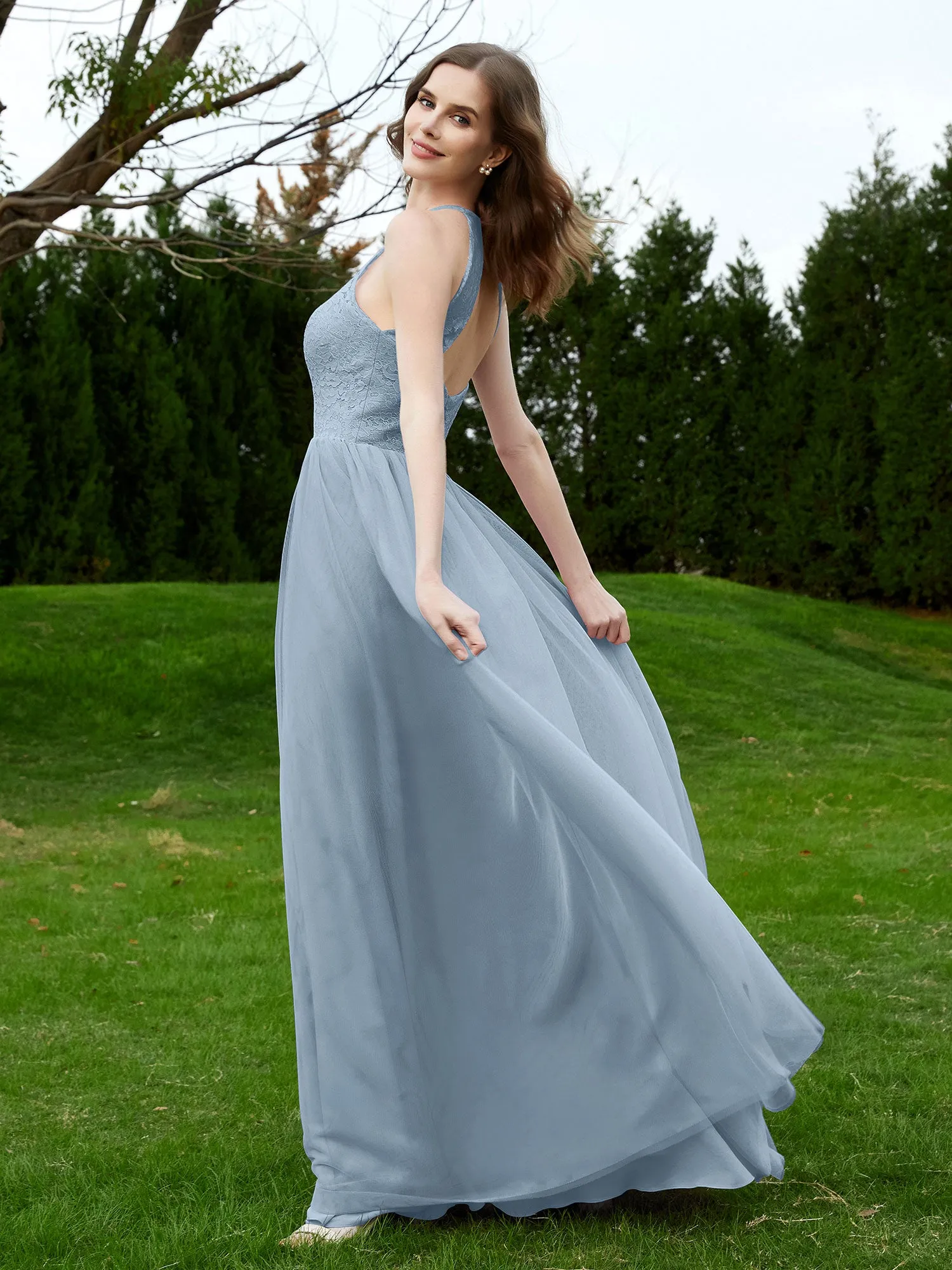 Lace Tulle Bridesmaid Gown Halter Neckline Dusty Blue Plus Size