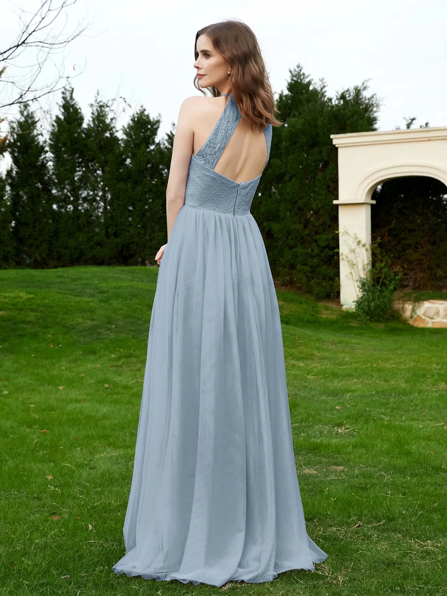 Lace Tulle Bridesmaid Gown Halter Neckline Dusty Blue Plus Size