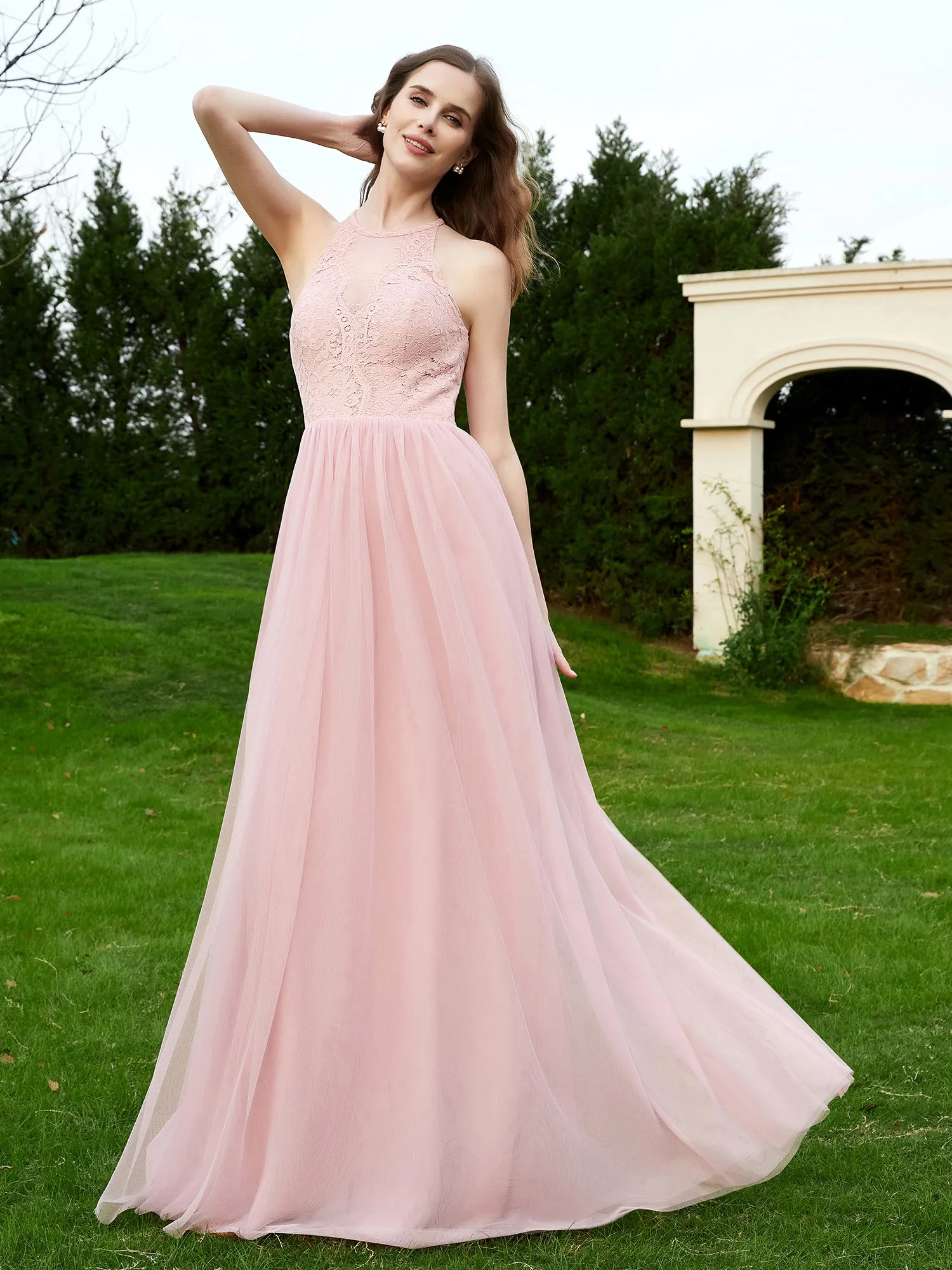 Lace Tulle Bridesmaid Gown Halter Neckline Dusty Rose Plus Size