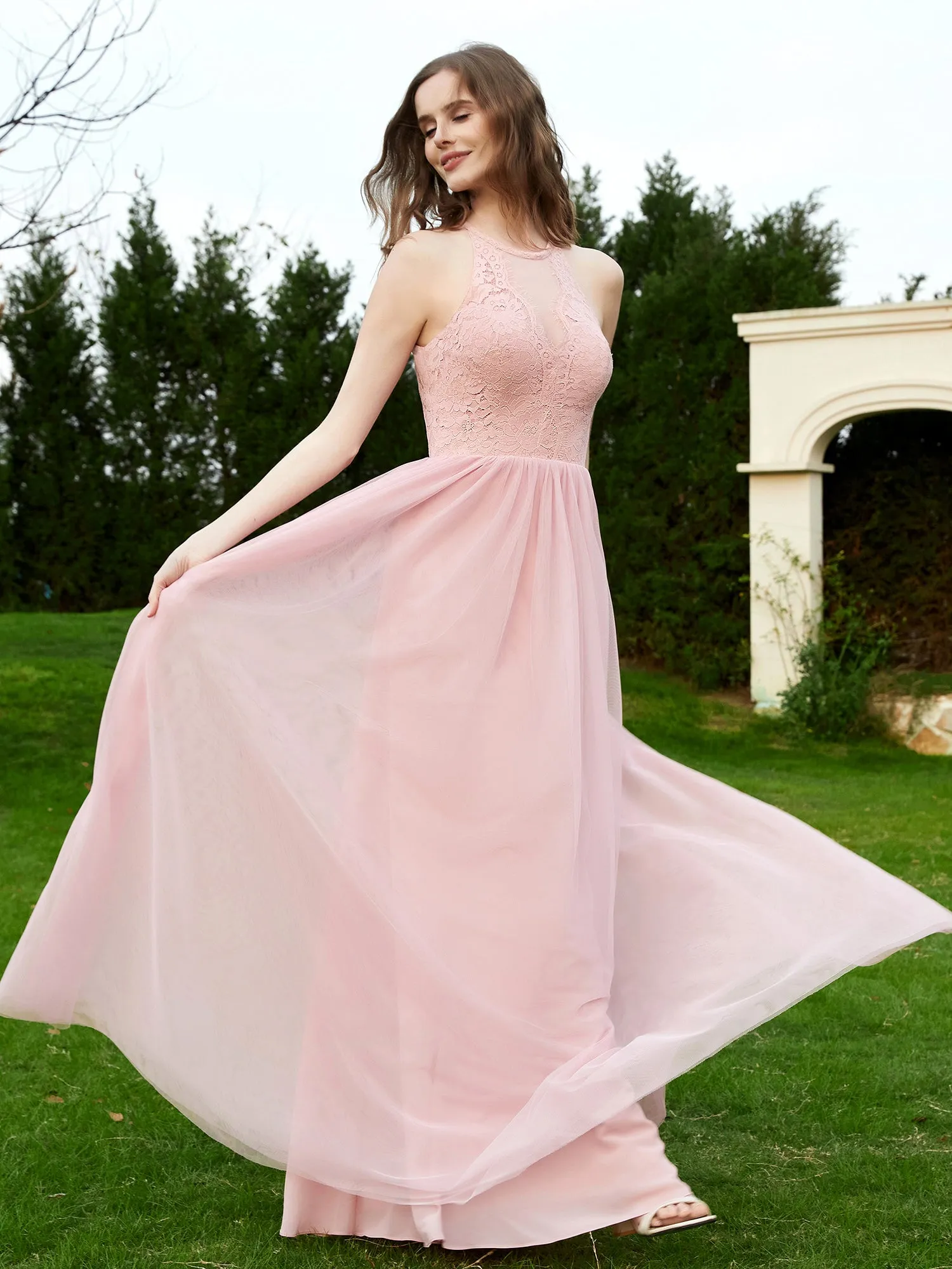 Lace Tulle Bridesmaid Gown Halter Neckline Dusty Rose Plus Size
