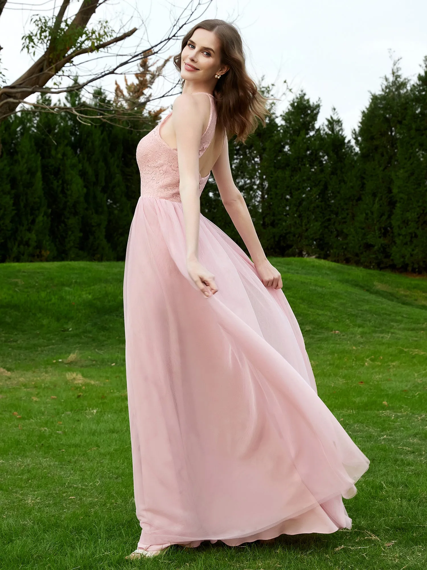 Lace Tulle Bridesmaid Gown Halter Neckline Dusty Rose Plus Size