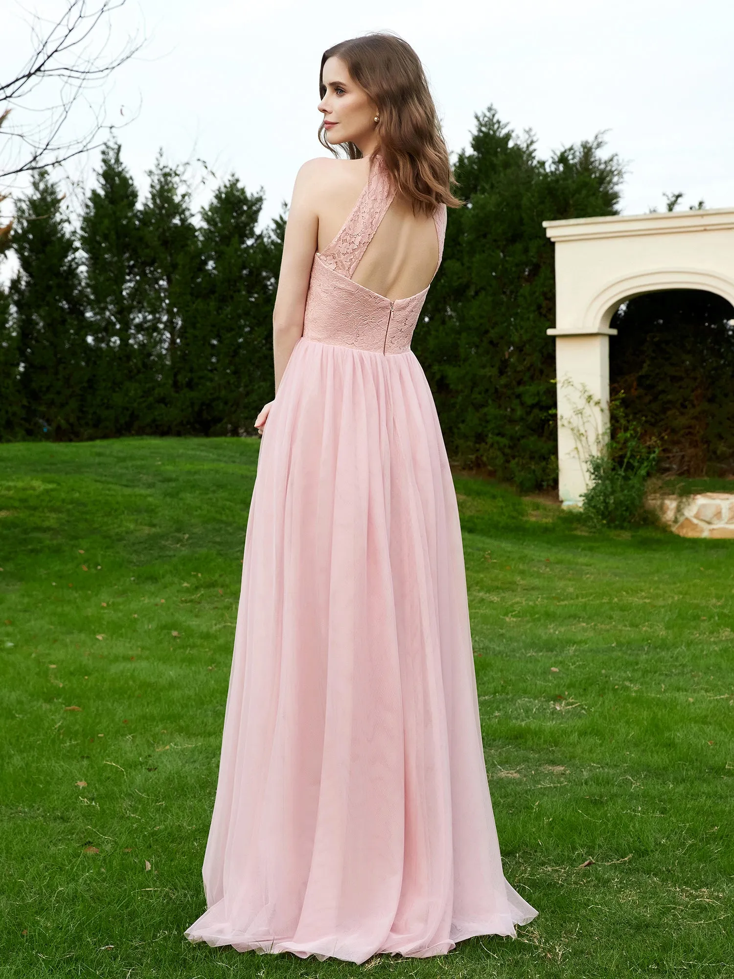 Lace Tulle Bridesmaid Gown Halter Neckline Dusty Rose Plus Size