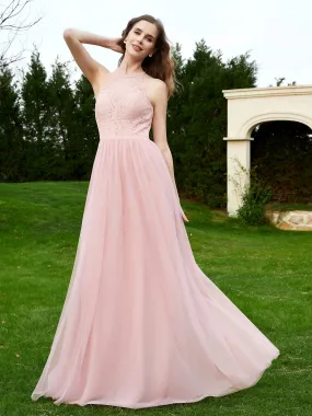 Lace Tulle Bridesmaid Gown Halter Neckline Dusty Rose Plus Size