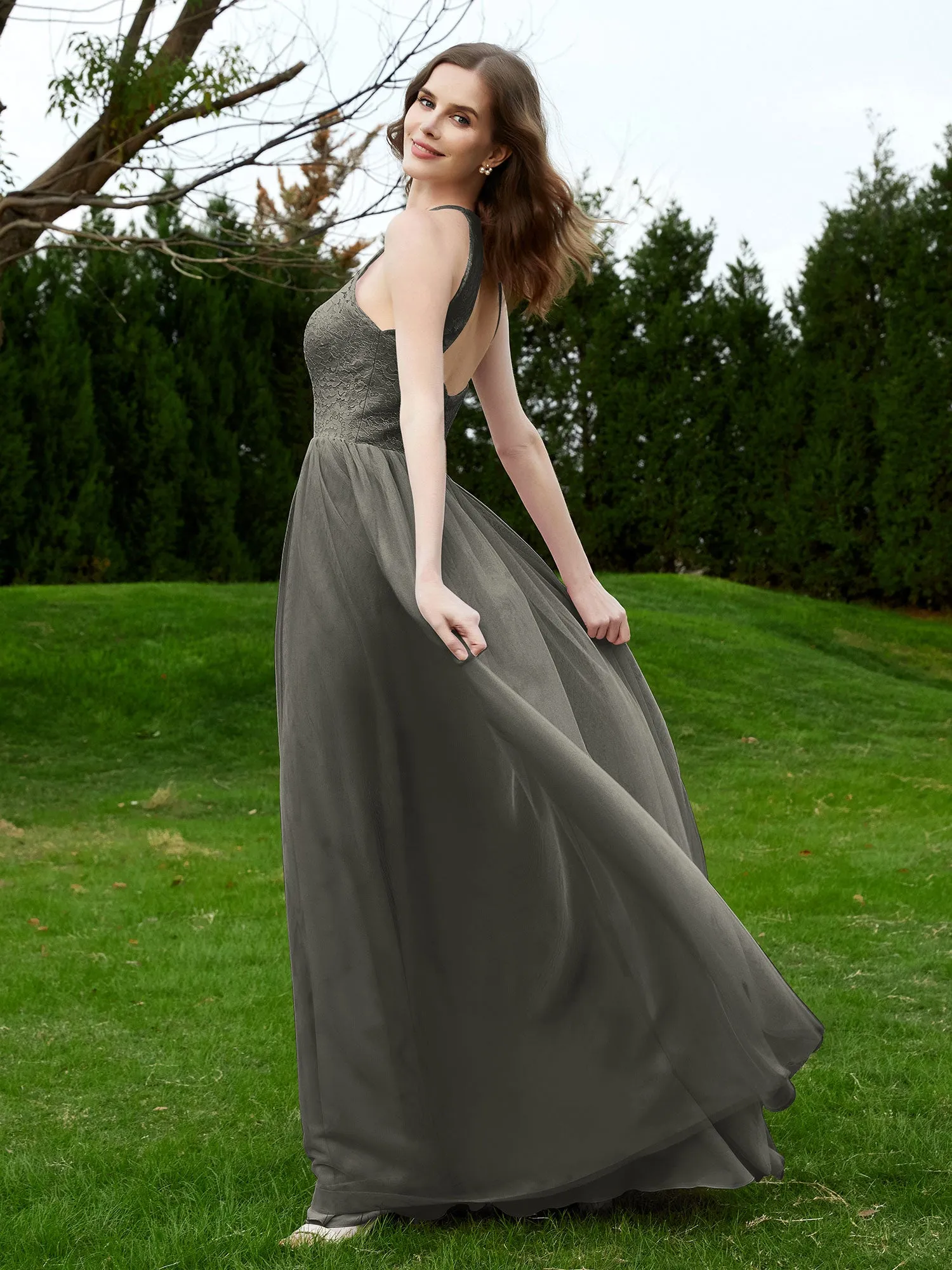 Lace Tulle Bridesmaid Gown Halter Neckline Steel Grey