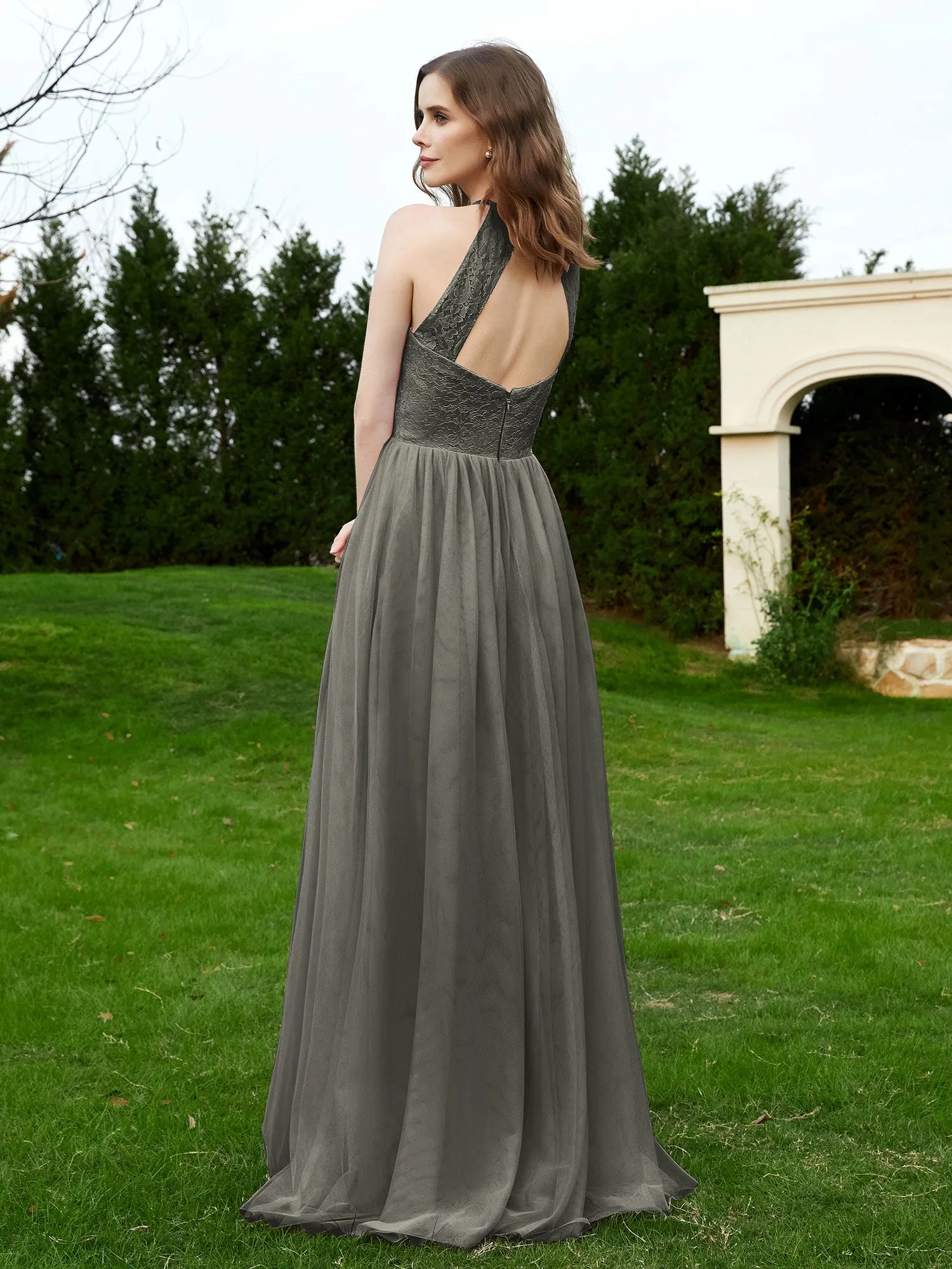Lace Tulle Bridesmaid Gown Halter Neckline Steel Grey