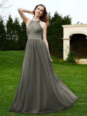 Lace Tulle Bridesmaid Gown Halter Neckline Steel Grey