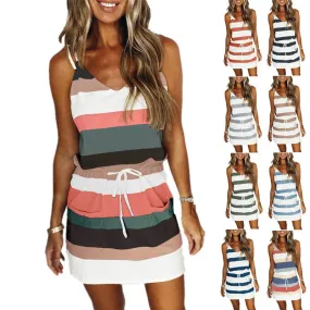 Leisure Summer Women's Loose Printed Striped Camisole Long Dress