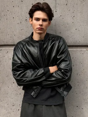 Manfinity UrbanChill Men's Trendy Casual PU Fabric Loose Fit Long Sleeve Jacket, Young Design, For Daily Wear