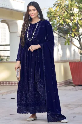 Navy Blue Color Glittering Georgette Fabric Embroidered Anarkali Suit