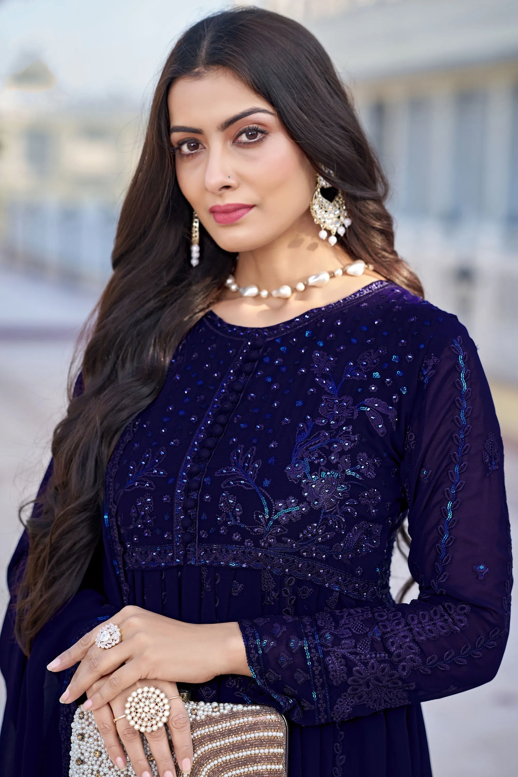 Navy Blue Color Glittering Georgette Fabric Embroidered Anarkali Suit