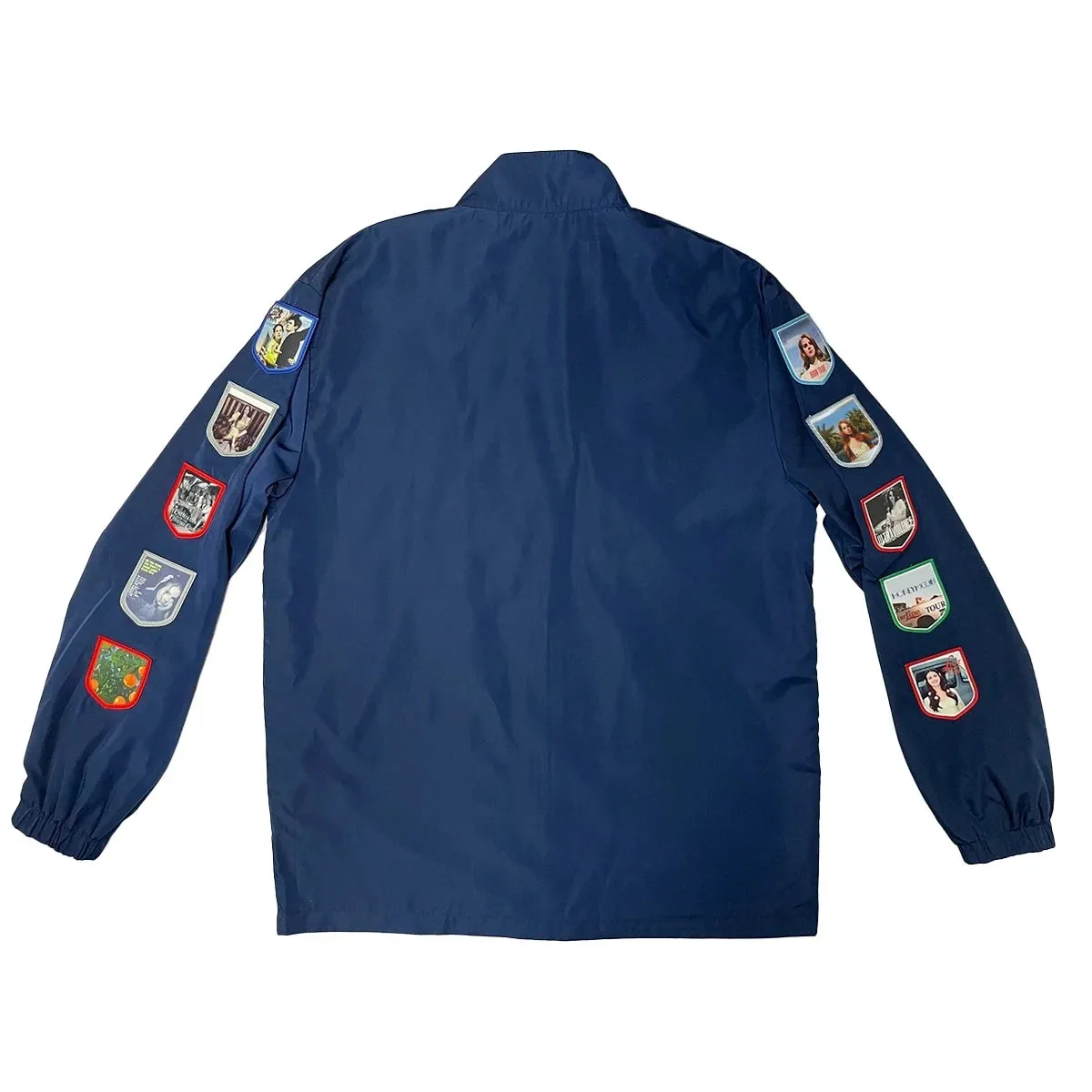 Navy Racing Jacket with Commemorative Patches for Men and Women – Stylish Streetwear Outerwear with Zipper Closure and Appliqué Details