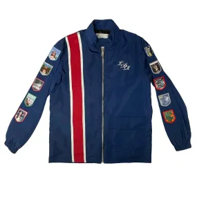 Navy Racing Jacket with Commemorative Patches for Men and Women – Stylish Streetwear Outerwear with Zipper Closure and Appliqué Details