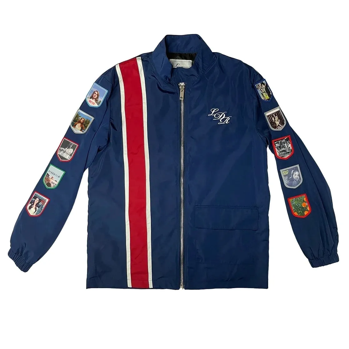 Navy Racing Jacket with Commemorative Patches for Men and Women – Stylish Streetwear Outerwear with Zipper Closure and Appliqué Details