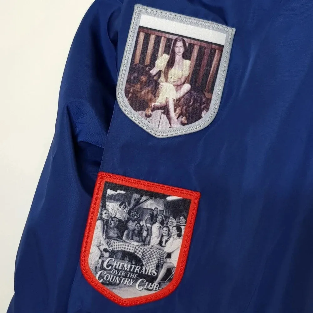 Navy Racing Jacket with Commemorative Patches for Men and Women – Stylish Streetwear Outerwear with Zipper Closure and Appliqué Details