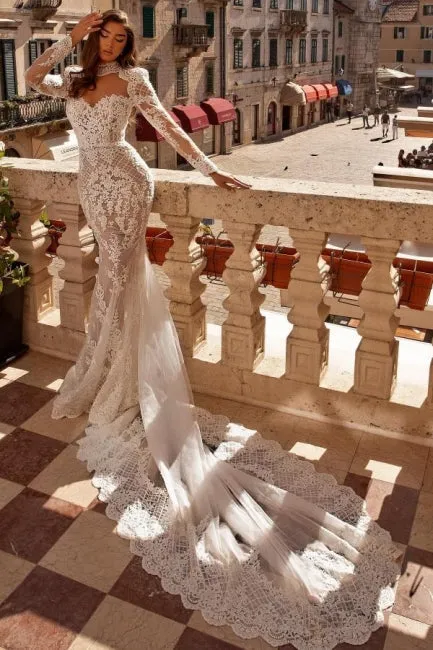 Noble highneck longsleeves mermaid lace Wedding dresses