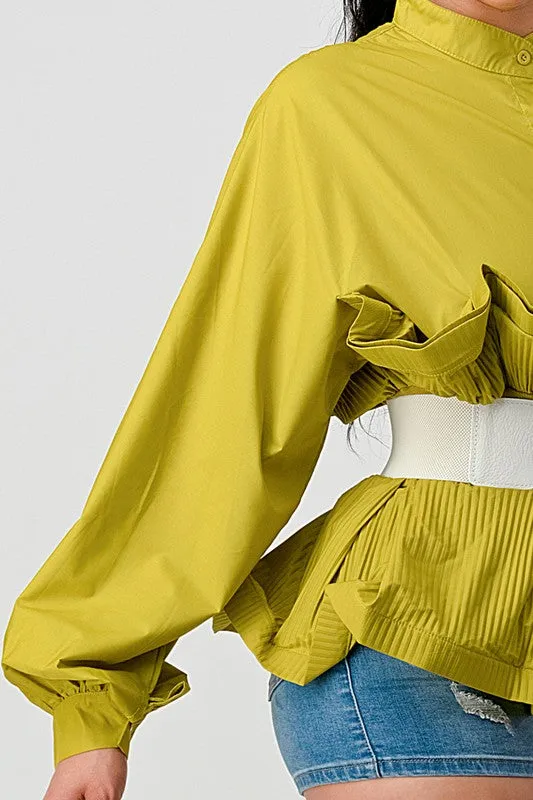 PLEATED RUFFLE WASIT BELT LONG  BLOUSE