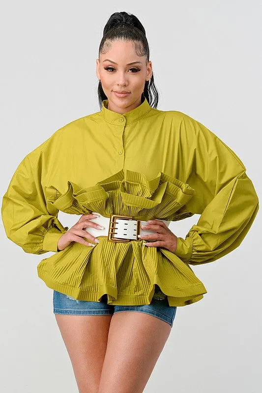 PLEATED RUFFLE WASIT BELT LONG  BLOUSE