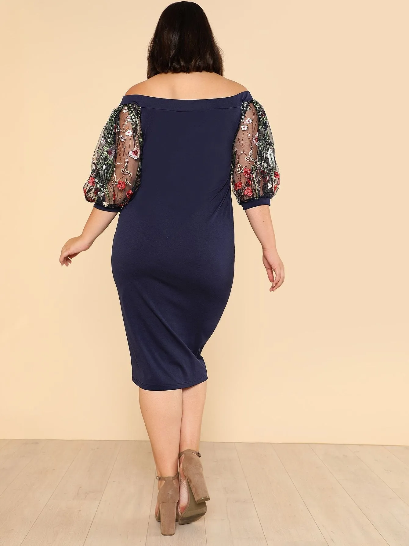  Plus Bardot Pencil Dress With Embroidered Mesh Sleeve