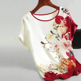 Plus Size Women Silk Satin Floral Blouse