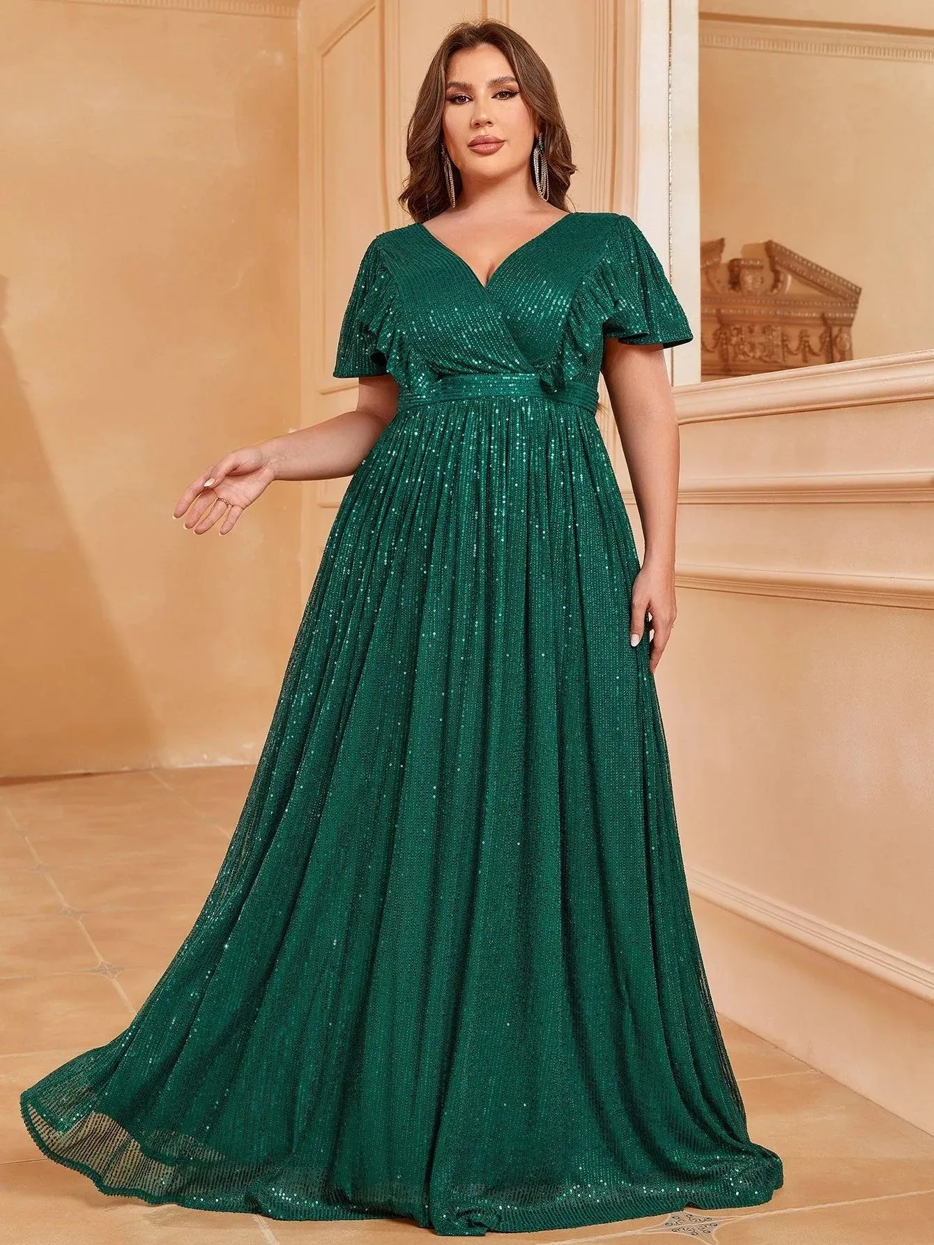Plus V Neck Ruffle Trim Sequin Formal Dresses