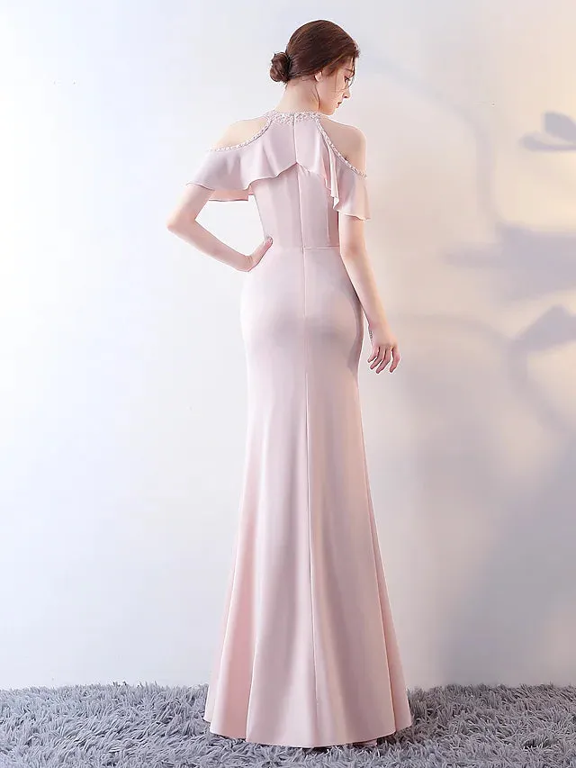 Prom Dresses Elegant Dress Wedding Guest Floor Length Short Sleeve Halter Jersey with Beading Ruffles