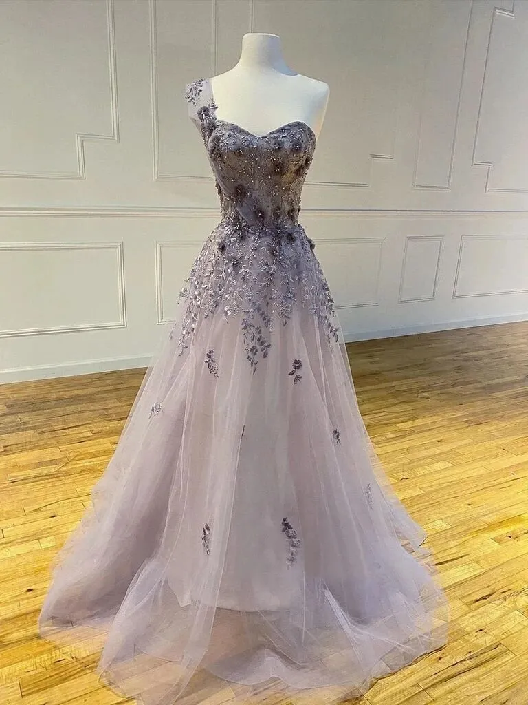 Promfast A-line One Shoulder Appliques Long Prom Dresses With Flowers Evening Dress PFP1781