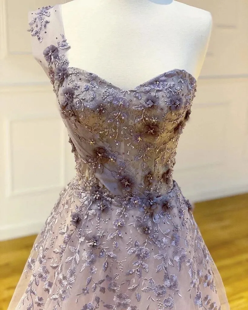 Promfast A-line One Shoulder Appliques Long Prom Dresses With Flowers Evening Dress PFP1781