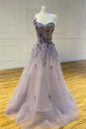 Promfast A-line One Shoulder Appliques Long Prom Dresses With Flowers Evening Dress PFP1781