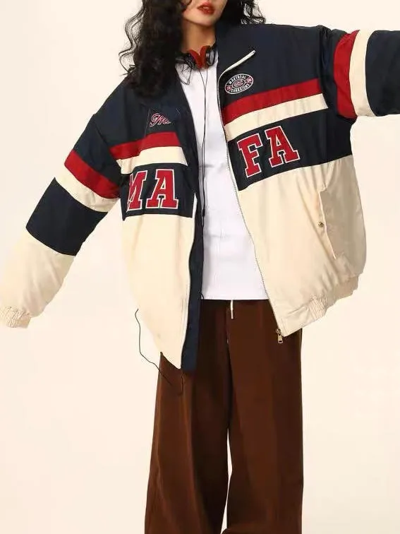 Retro Letter Embroidery Color-Blocked Cotton Jacket