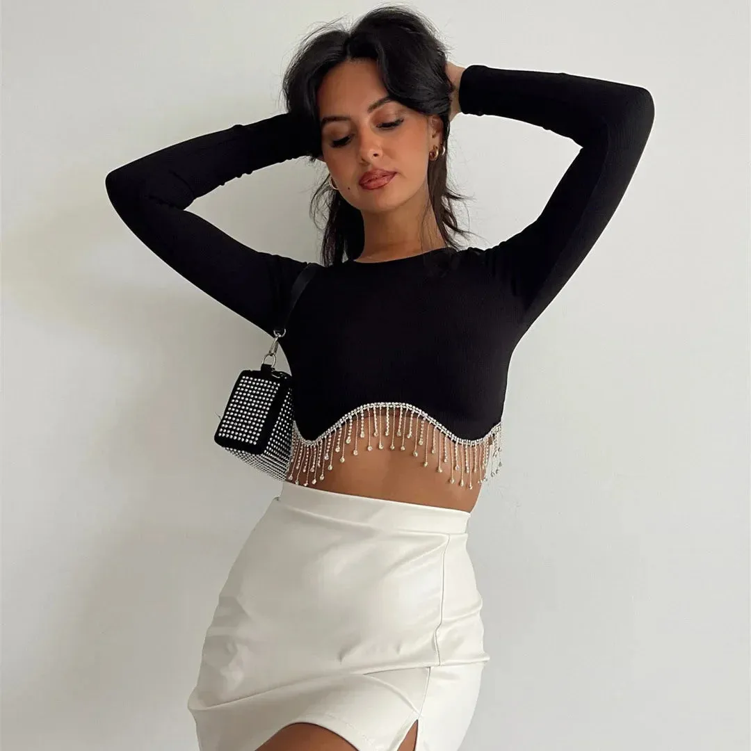 Rhinestone Tassel Slim Black Corset Top Spring Sexy O-neck Women's Long Sleeve T-shirt