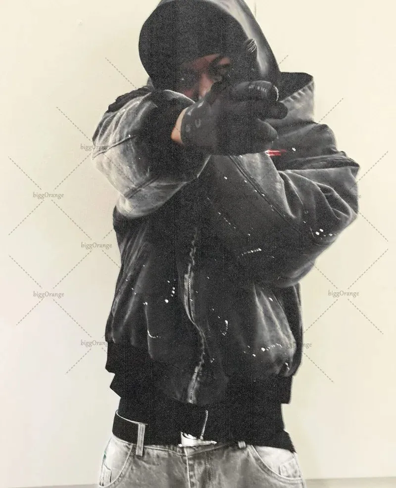 Riolio High Street Trendy Brand Streetwear Harajuku Retro Embroidery Splash Ink Wash Denim Jacket Men Hip Hop Casual Hooded Coat