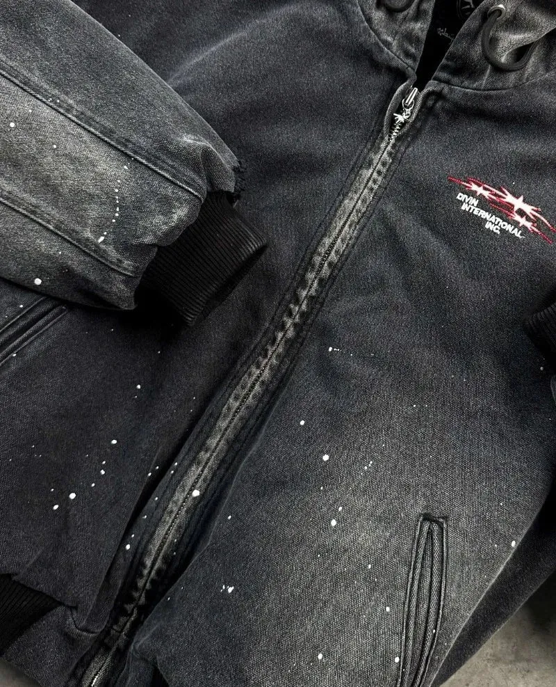 Riolio High Street Trendy Brand Streetwear Harajuku Retro Embroidery Splash Ink Wash Denim Jacket Men Hip Hop Casual Hooded Coat