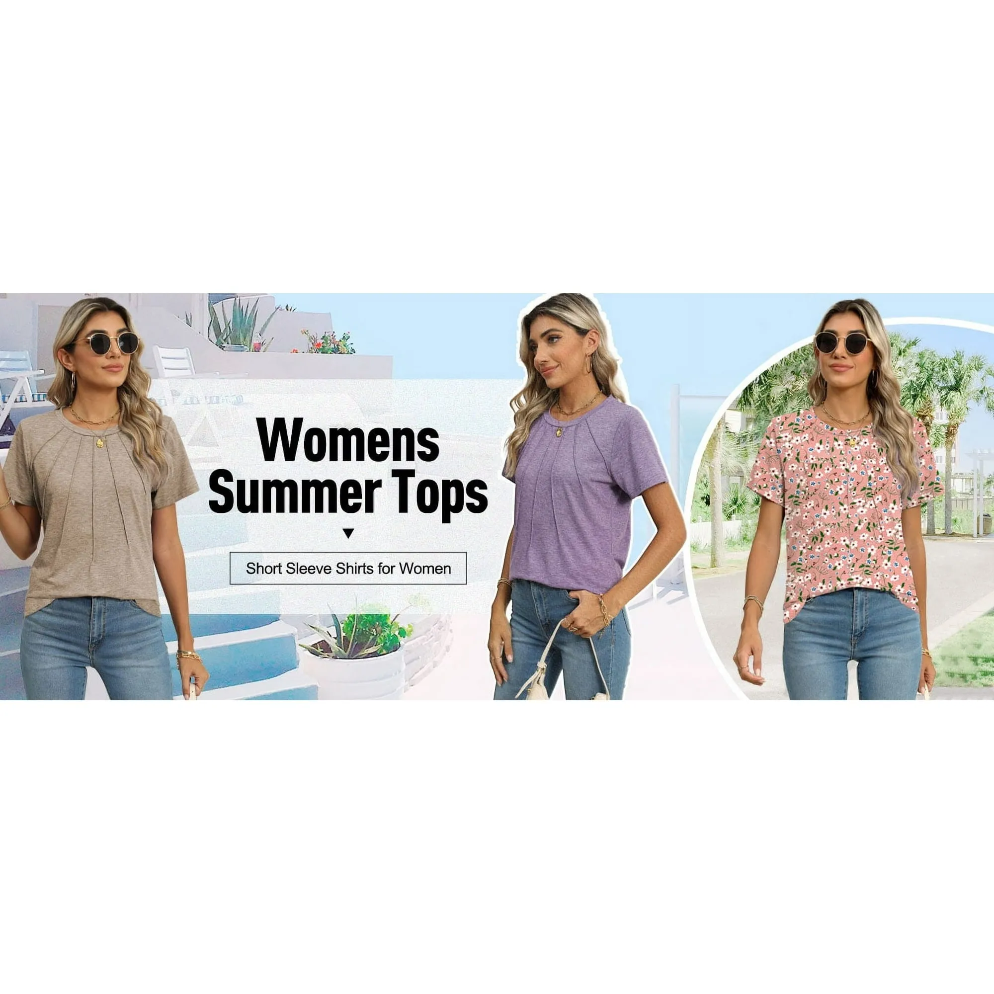 Rosvigor Blouses for Women Short Sleeve Shirts Casual Dressy Summer Tops with Pleats