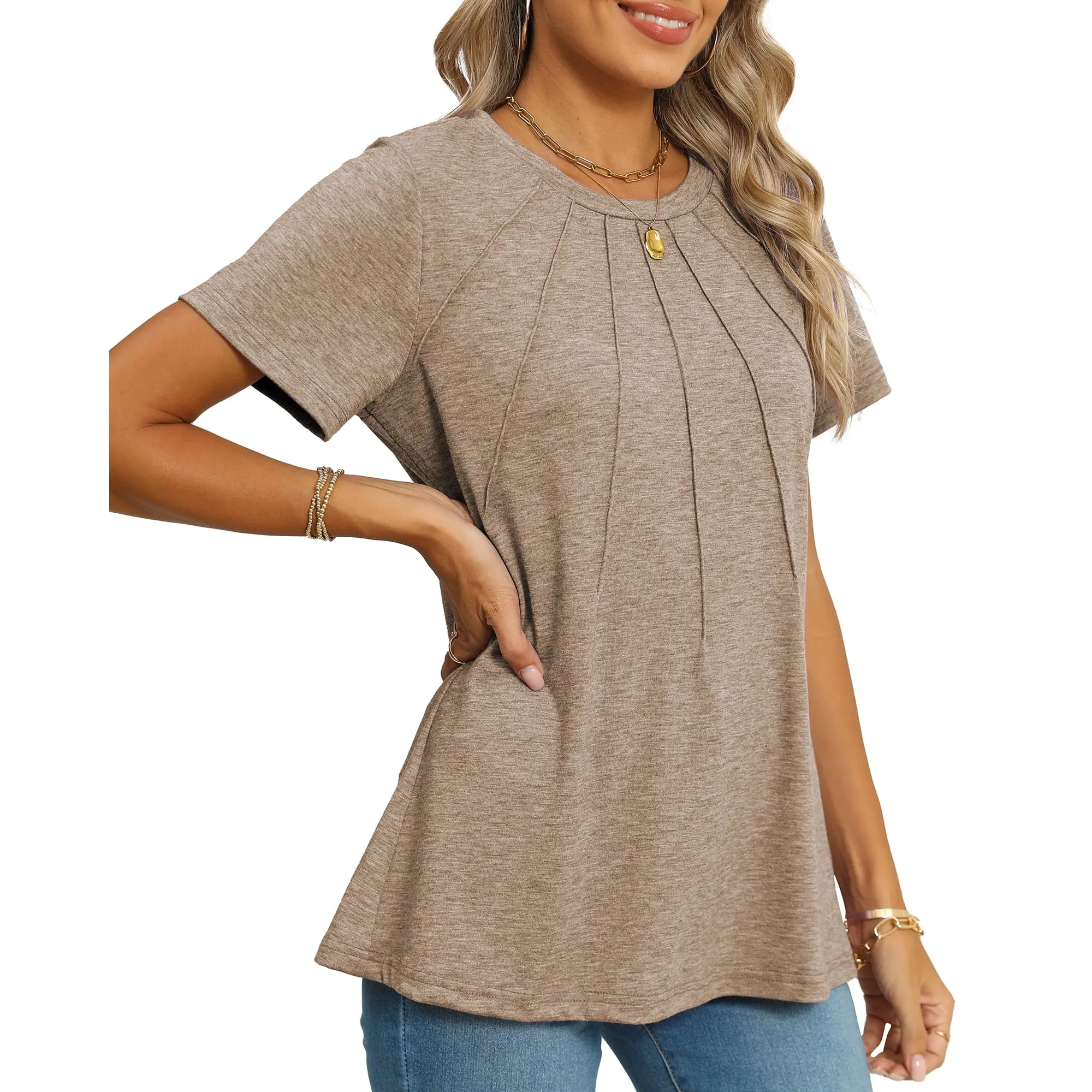 Rosvigor Blouses for Women Short Sleeve Shirts Casual Dressy Summer Tops with Pleats