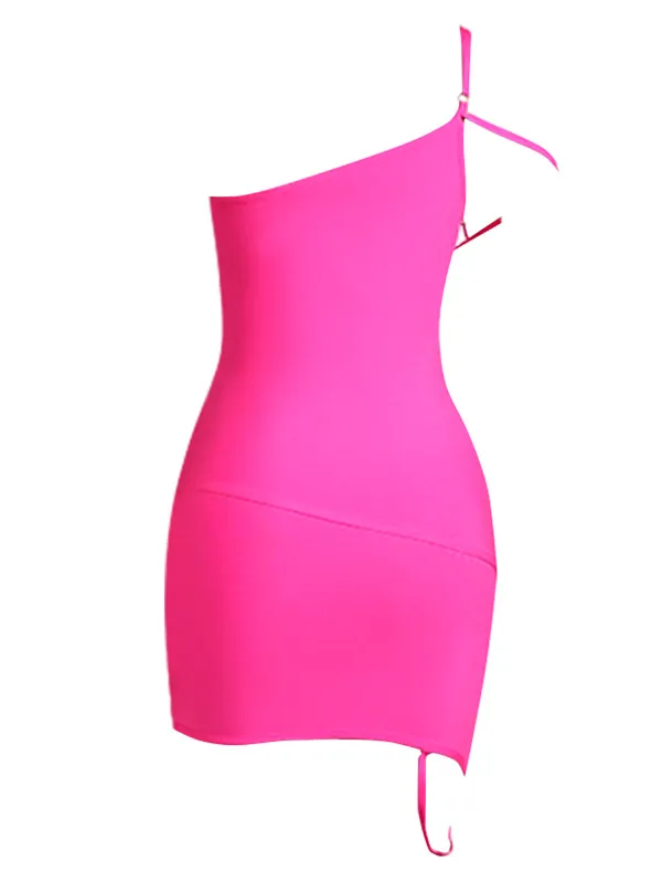 Rosy Red Diagonal Strap Trim Halter Dress