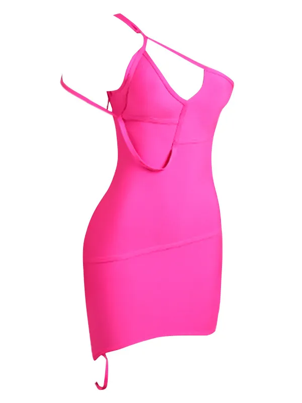 Rosy Red Diagonal Strap Trim Halter Dress