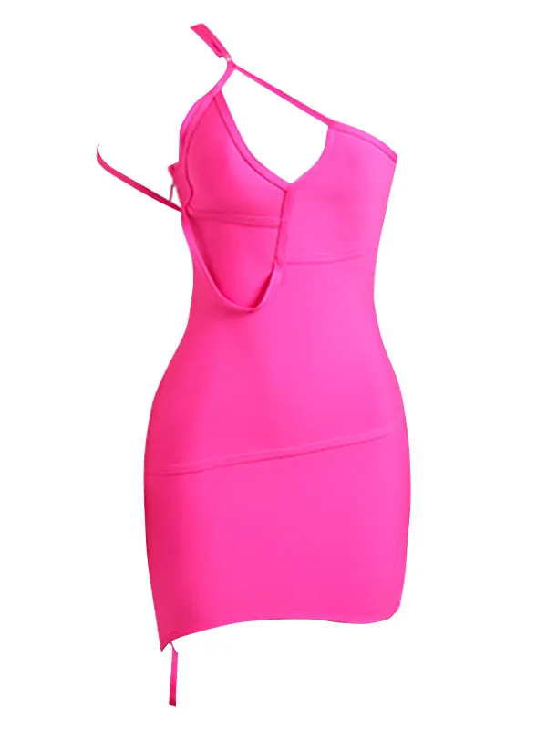 Rosy Red Diagonal Strap Trim Halter Dress