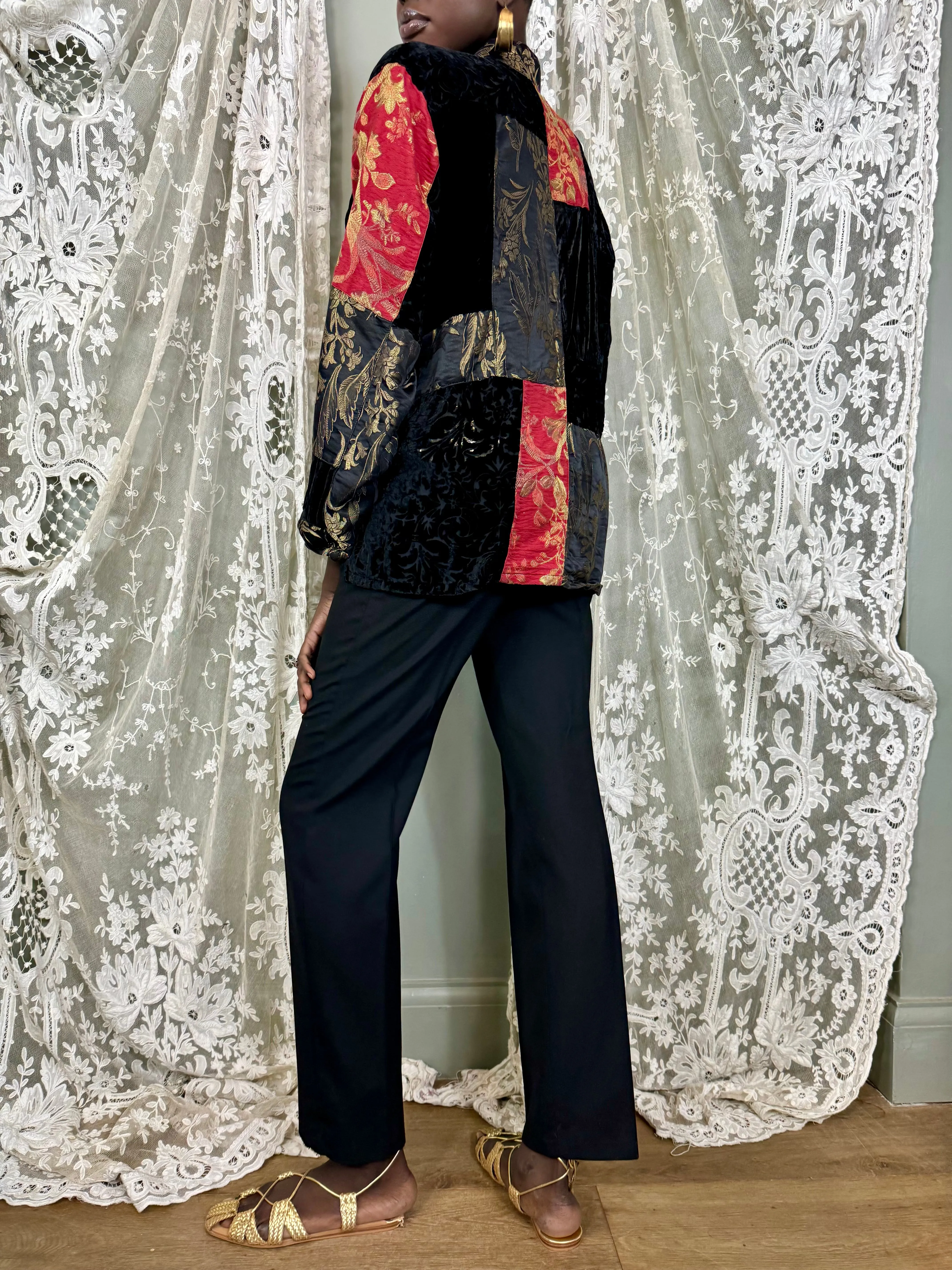 Sharie, reworked patchwork lamé and devoré jacket