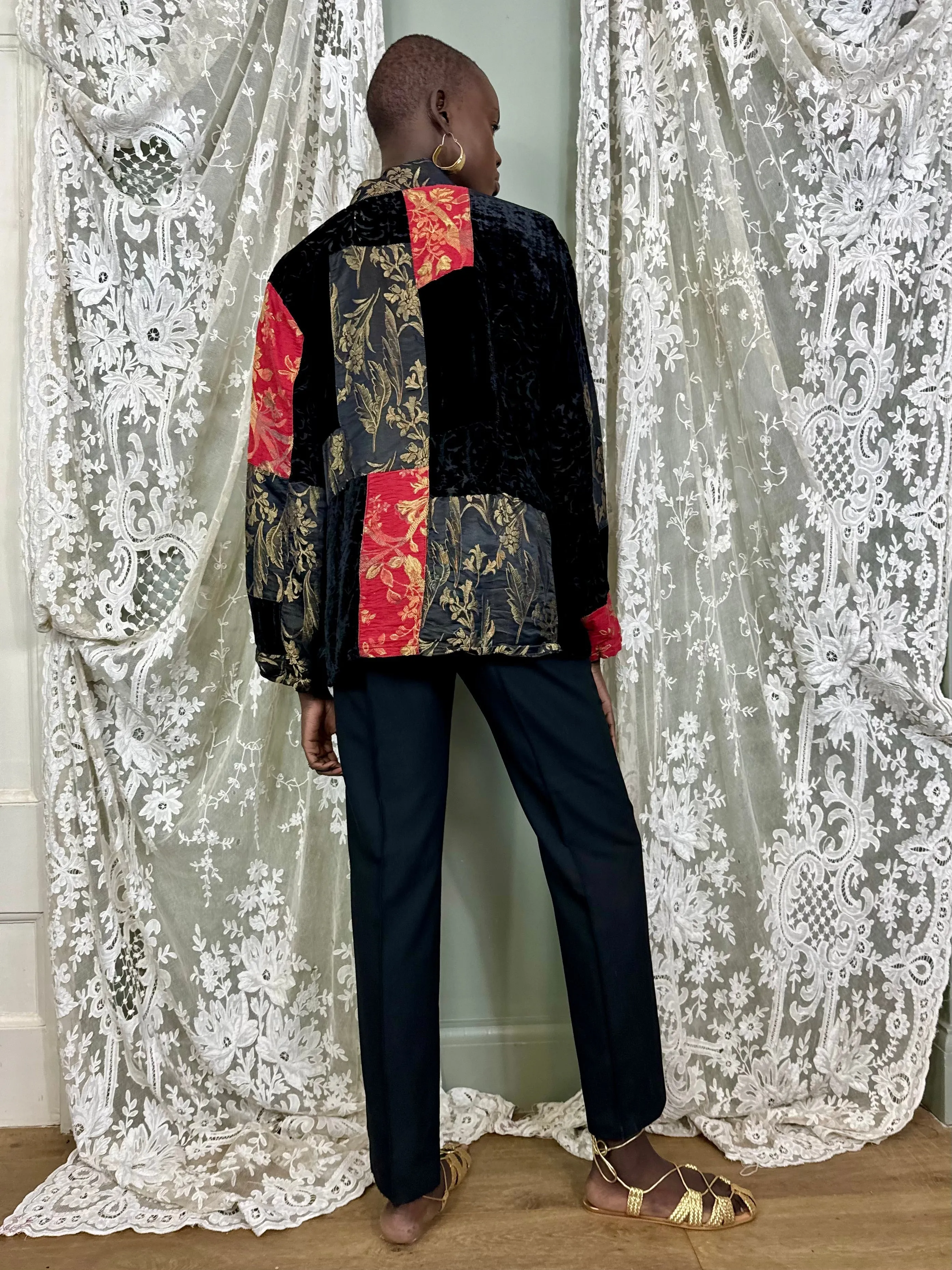 Sharie, reworked patchwork lamé and devoré jacket