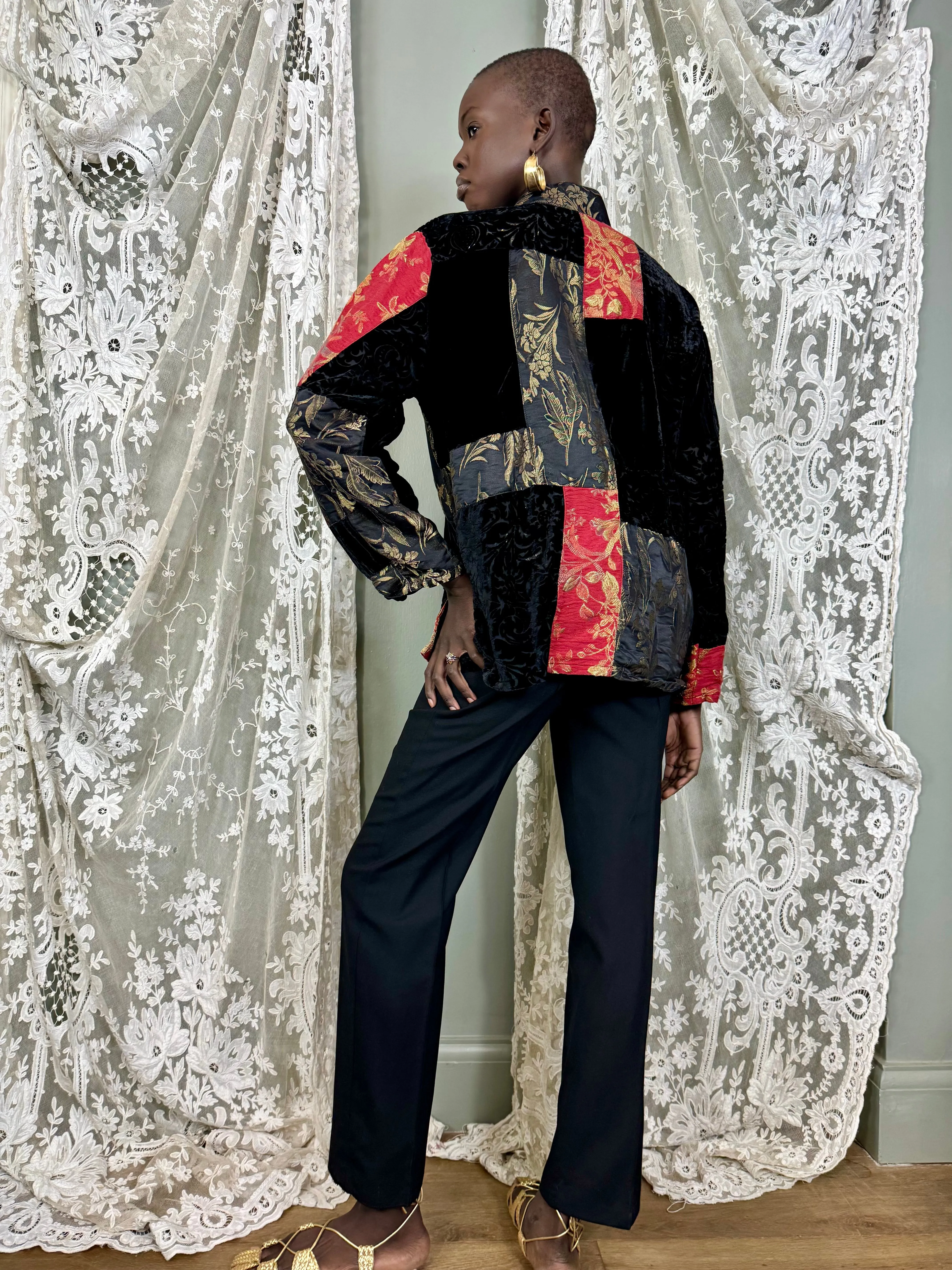 Sharie, reworked patchwork lamé and devoré jacket