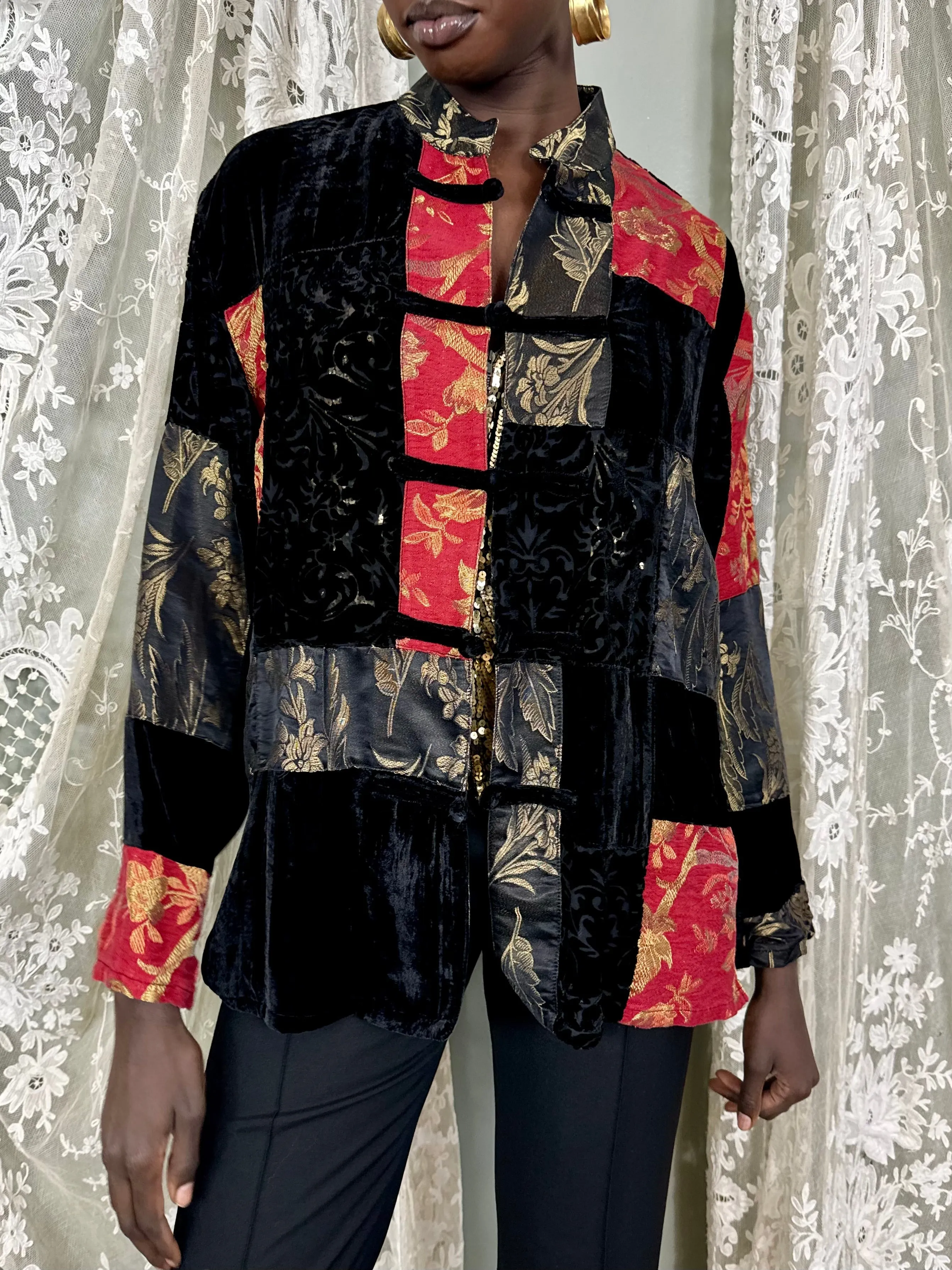 Sharie, reworked patchwork lamé and devoré jacket