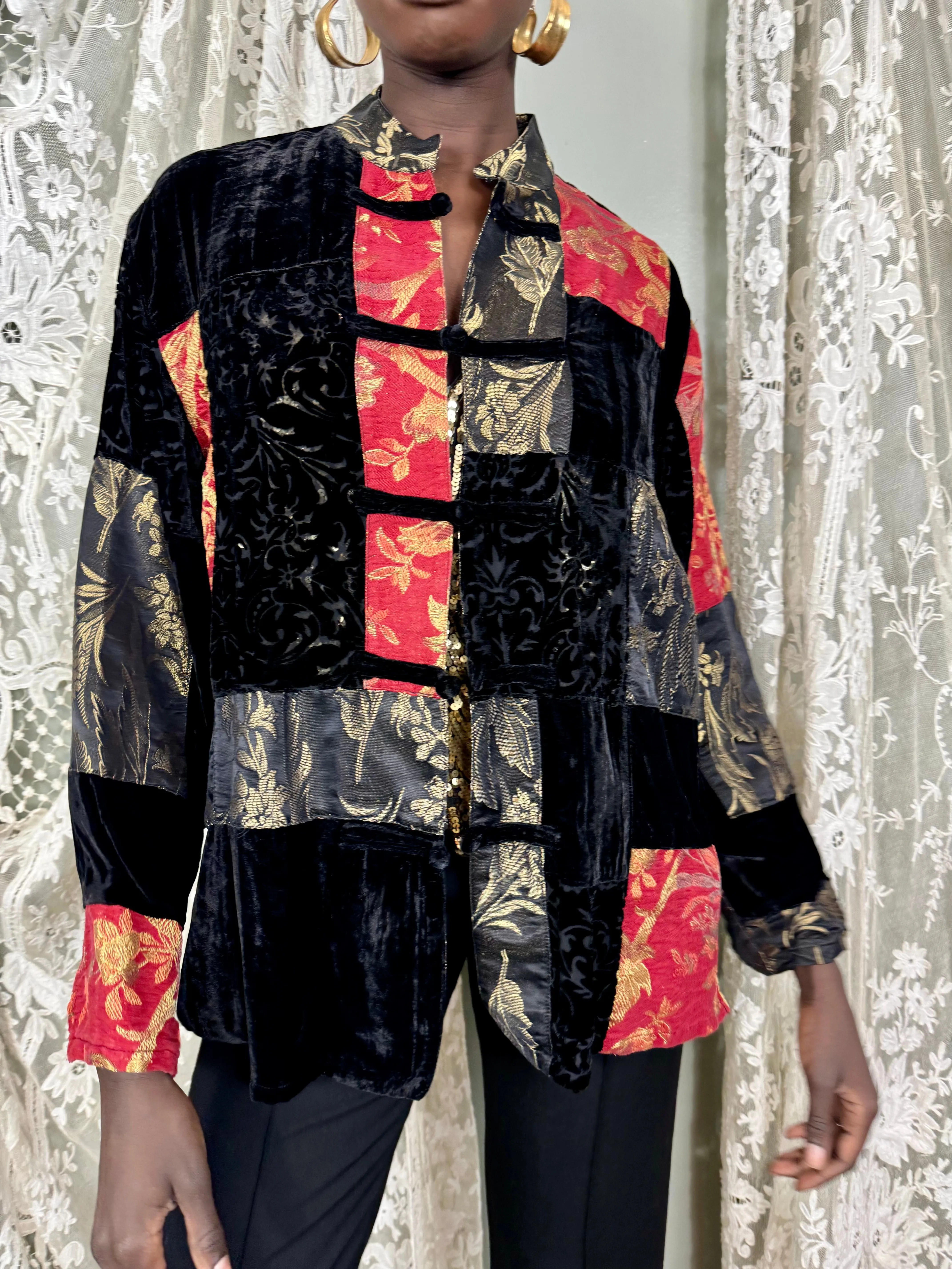 Sharie, reworked patchwork lamé and devoré jacket