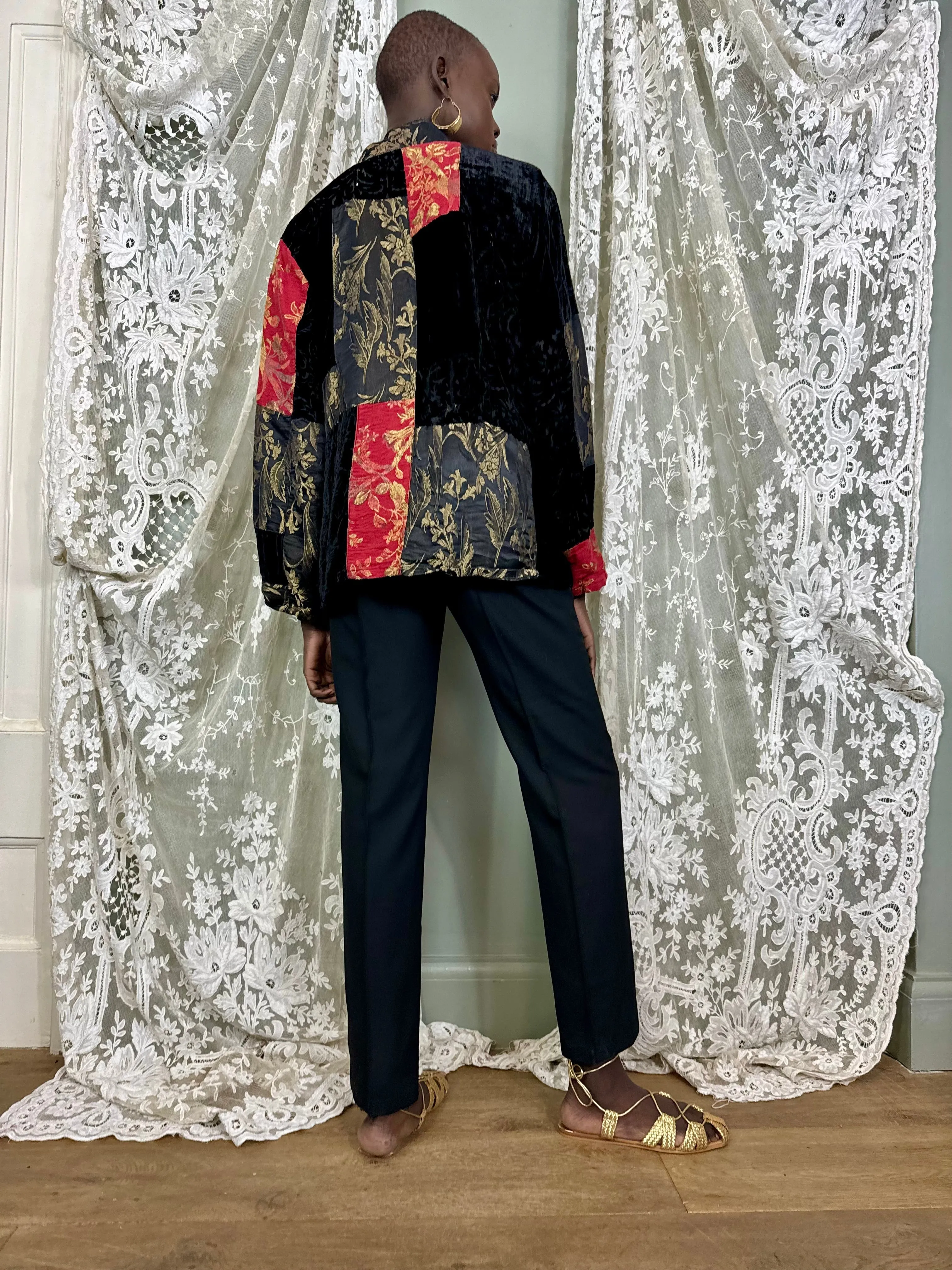 Sharie, reworked patchwork lamé and devoré jacket