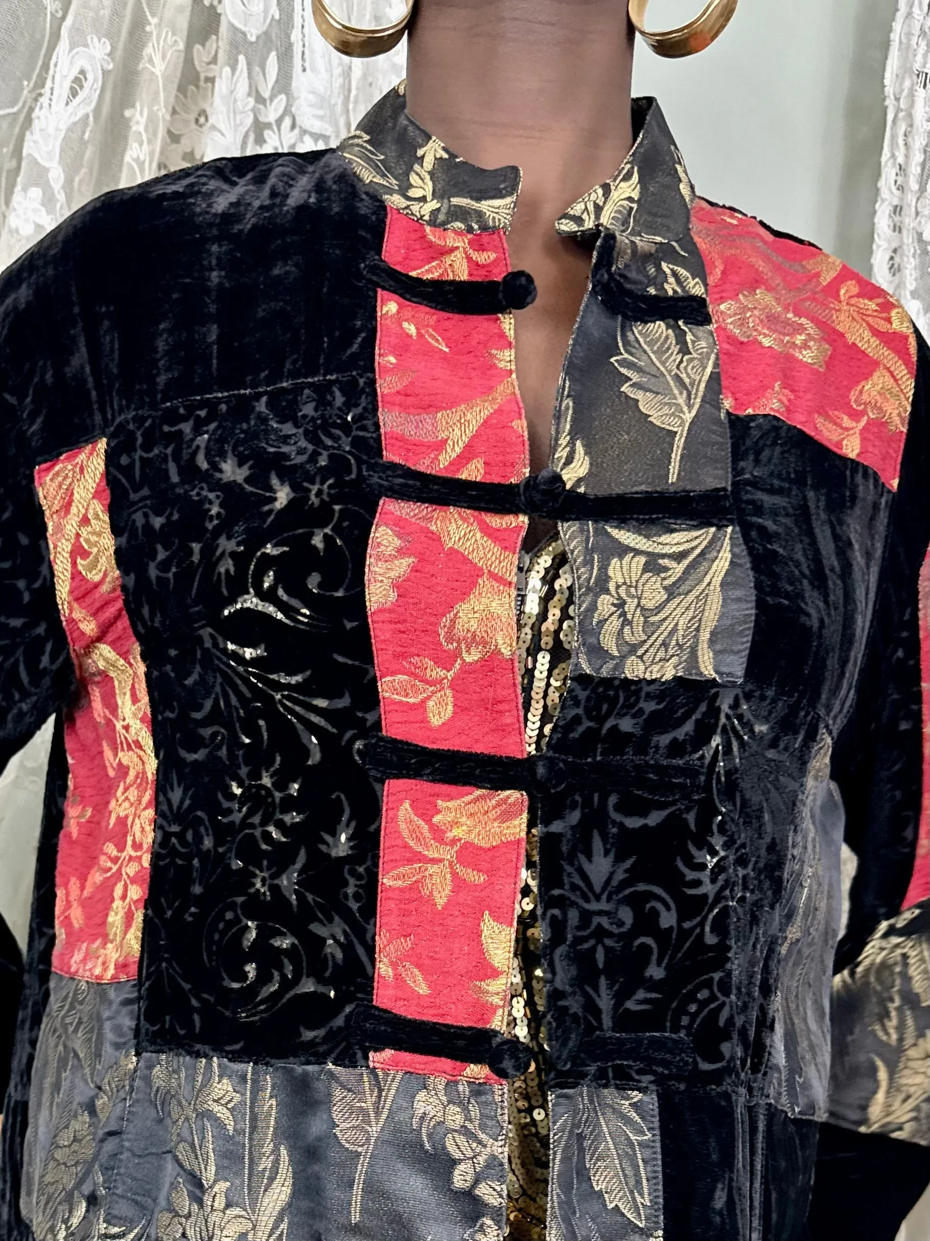 Sharie, reworked patchwork lamé and devoré jacket