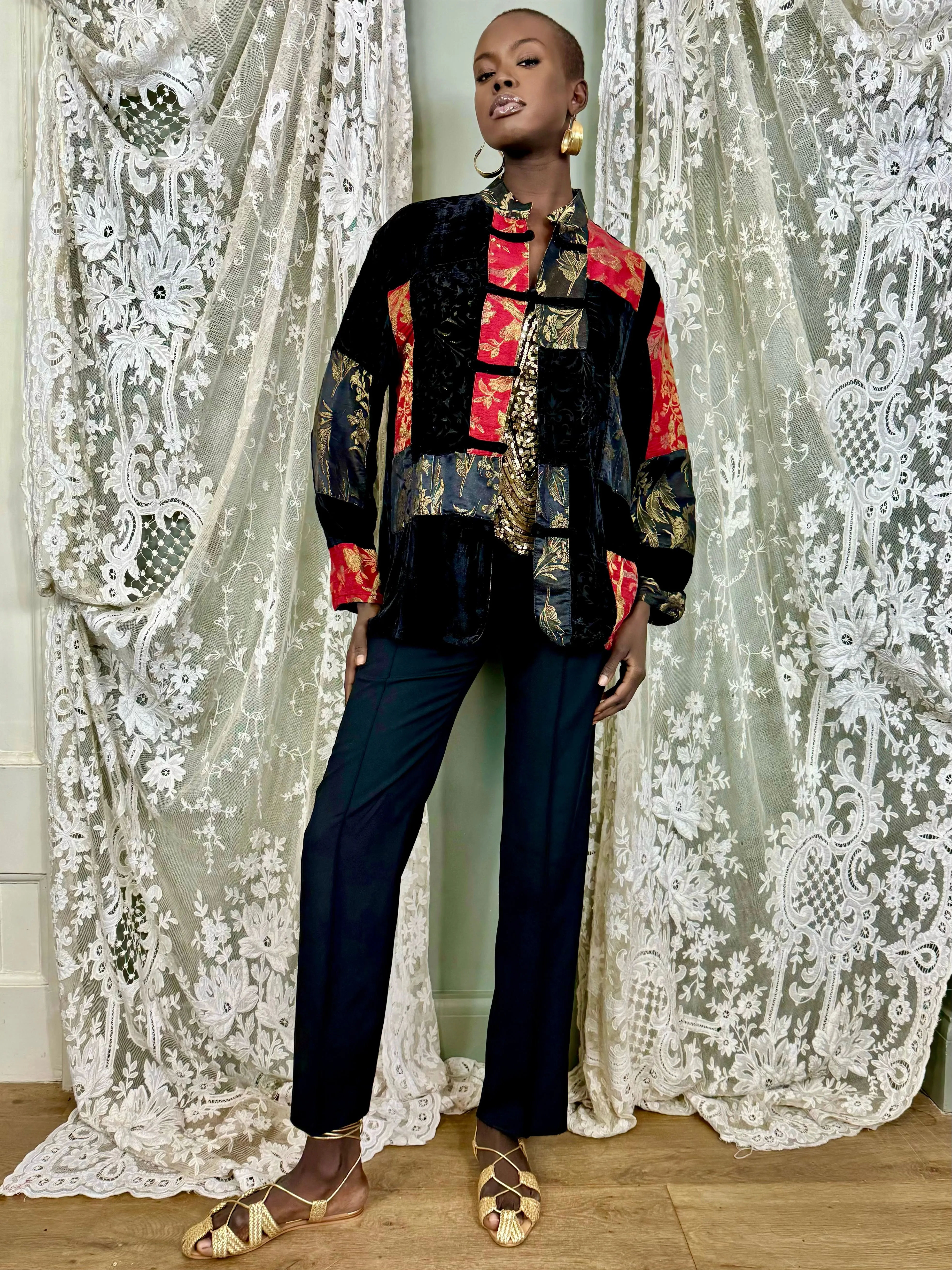 Sharie, reworked patchwork lamé and devoré jacket