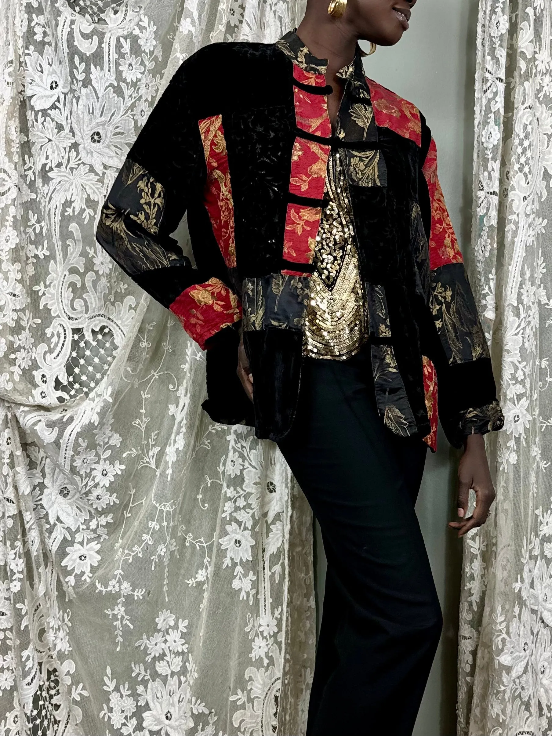 Sharie, reworked patchwork lamé and devoré jacket