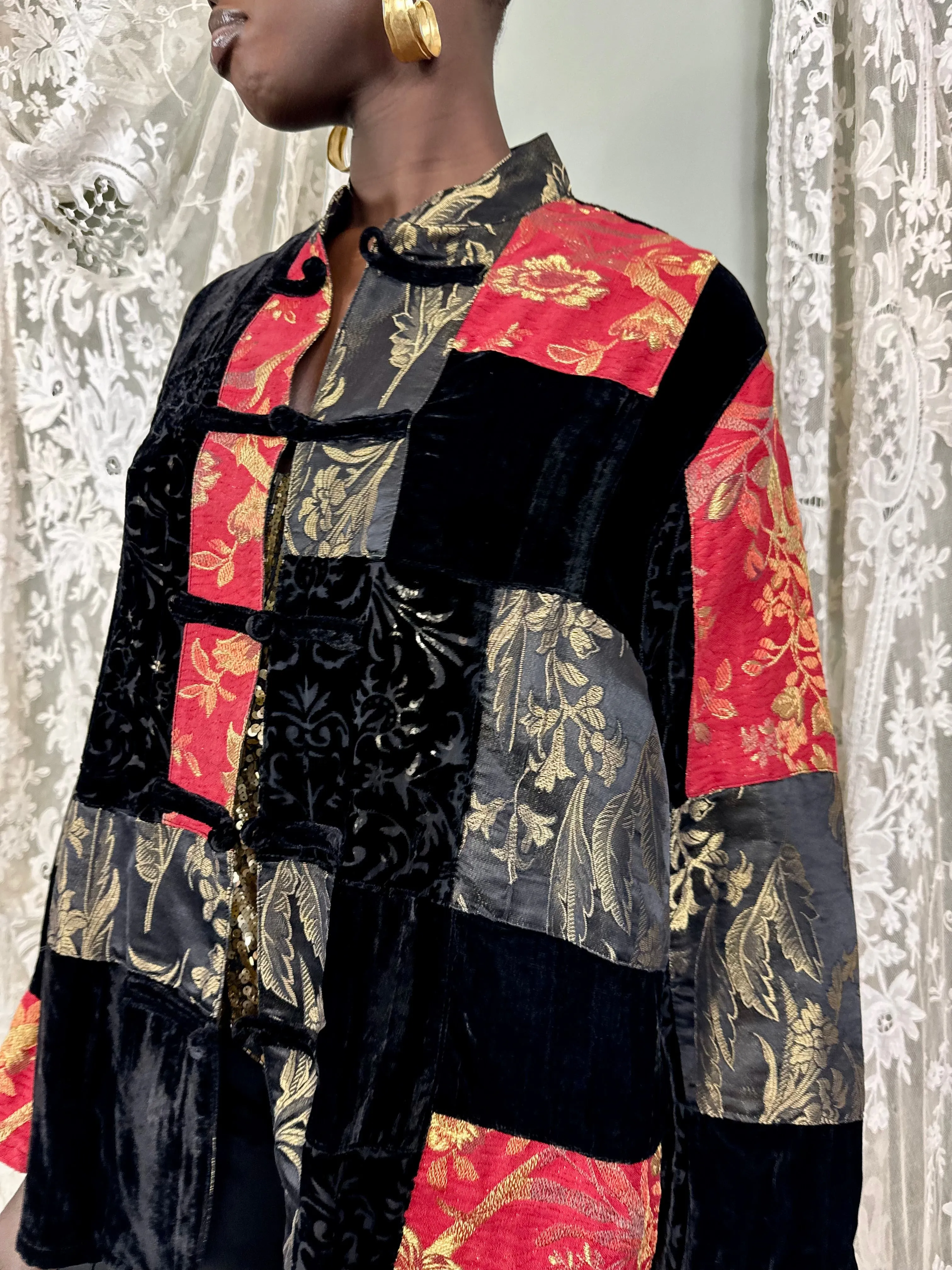 Sharie, reworked patchwork lamé and devoré jacket