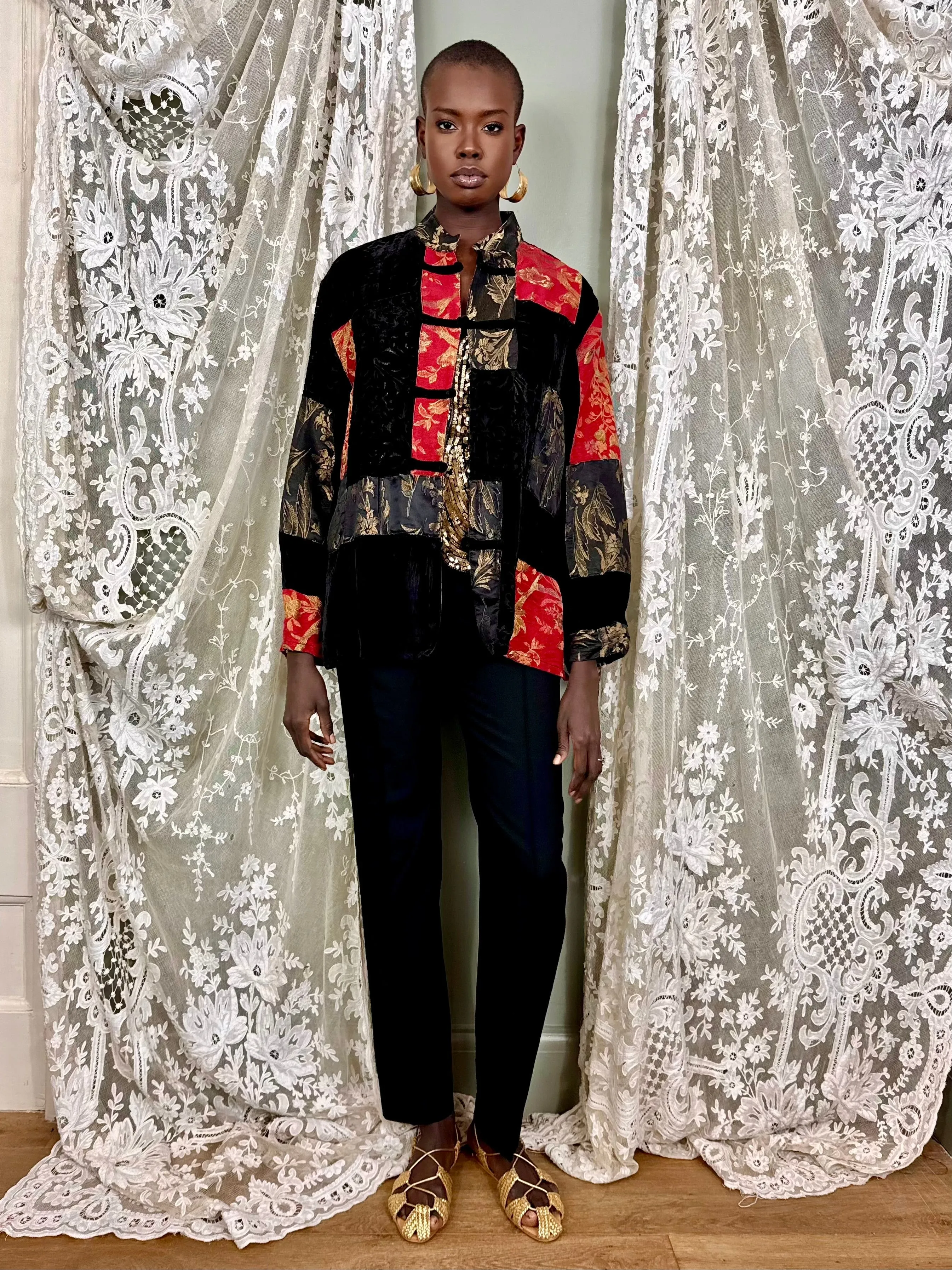 Sharie, reworked patchwork lamé and devoré jacket