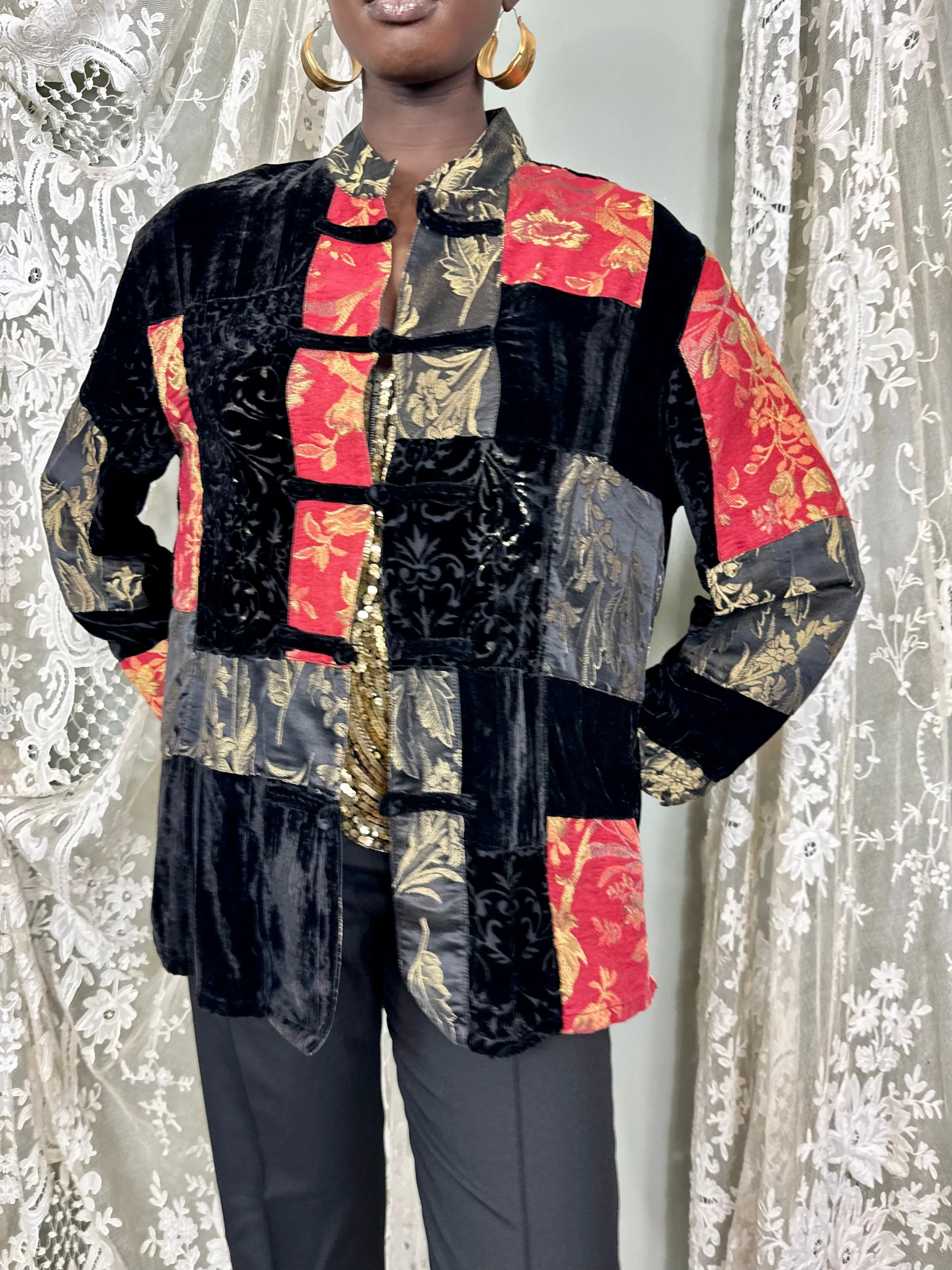 Sharie, reworked patchwork lamé and devoré jacket